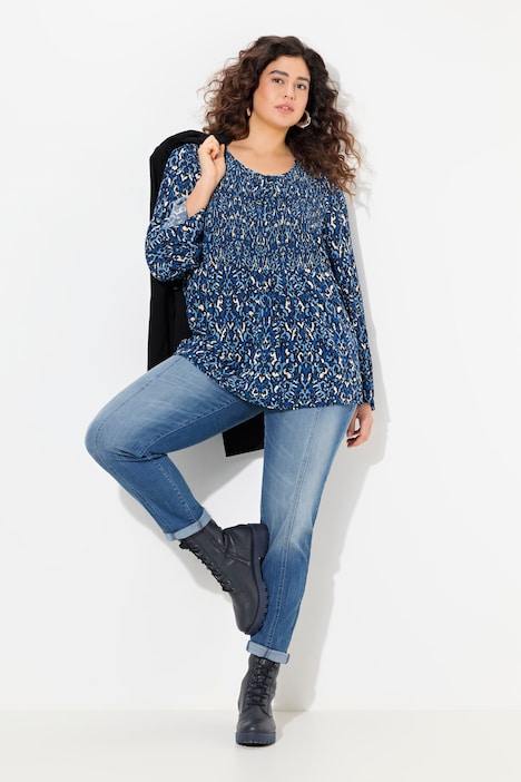 Bluse, gesmokt, Rundhals, ausgestellter Langarm