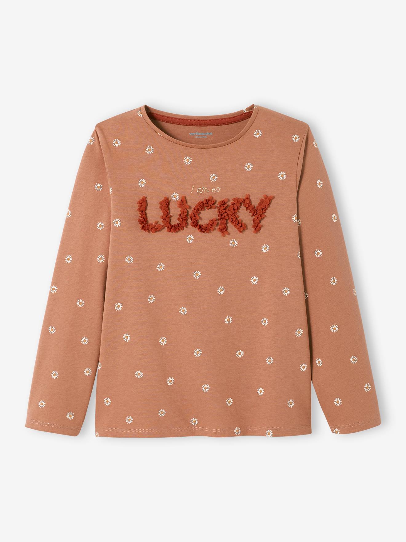 Camiseta estampada com letras em relevo, tamanho médio infantil, estampa marrom.