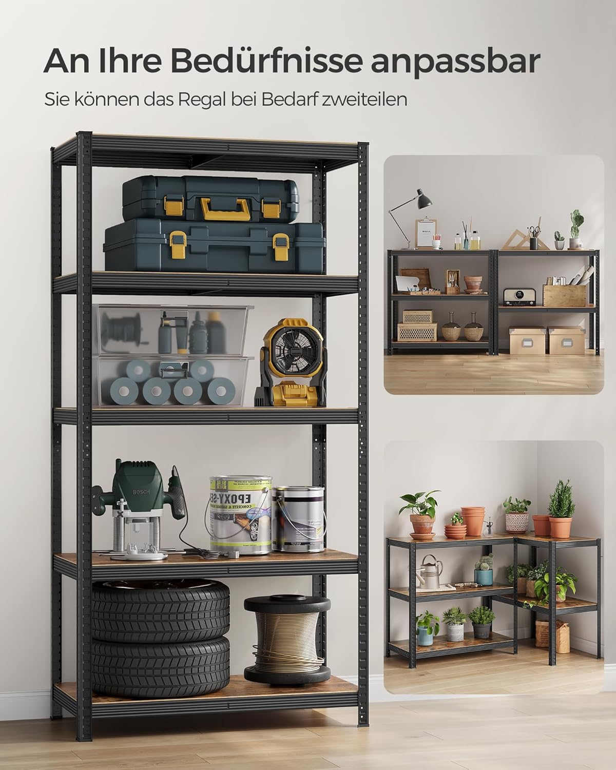 SONGMICS Standregal, 2er Set, Bücherregal, Lagerregal, 5 Ablagen, Küchenregal, Regal, 50 x 100 x 200 cm, bis 600 kg belastbar, verstellbare Ablagen, Industrie-Design, vintagebraun-schwarz GLR050B12