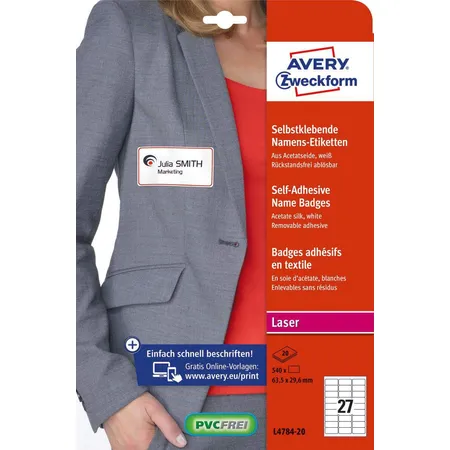Avery Zweckform L4784-20 Namensetiketten, 63,5 x 29,6 mm, 120 g/m², 20 Bogen/540 Etiketten, weiß