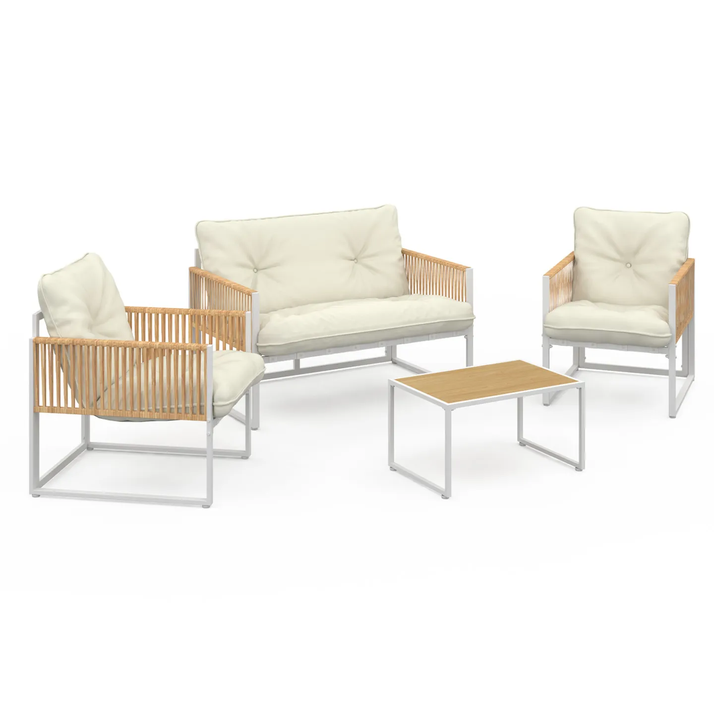 Salon de jardin bas RIO 4 places structure métal blanc, cordage effet rotin clair et coussins beige