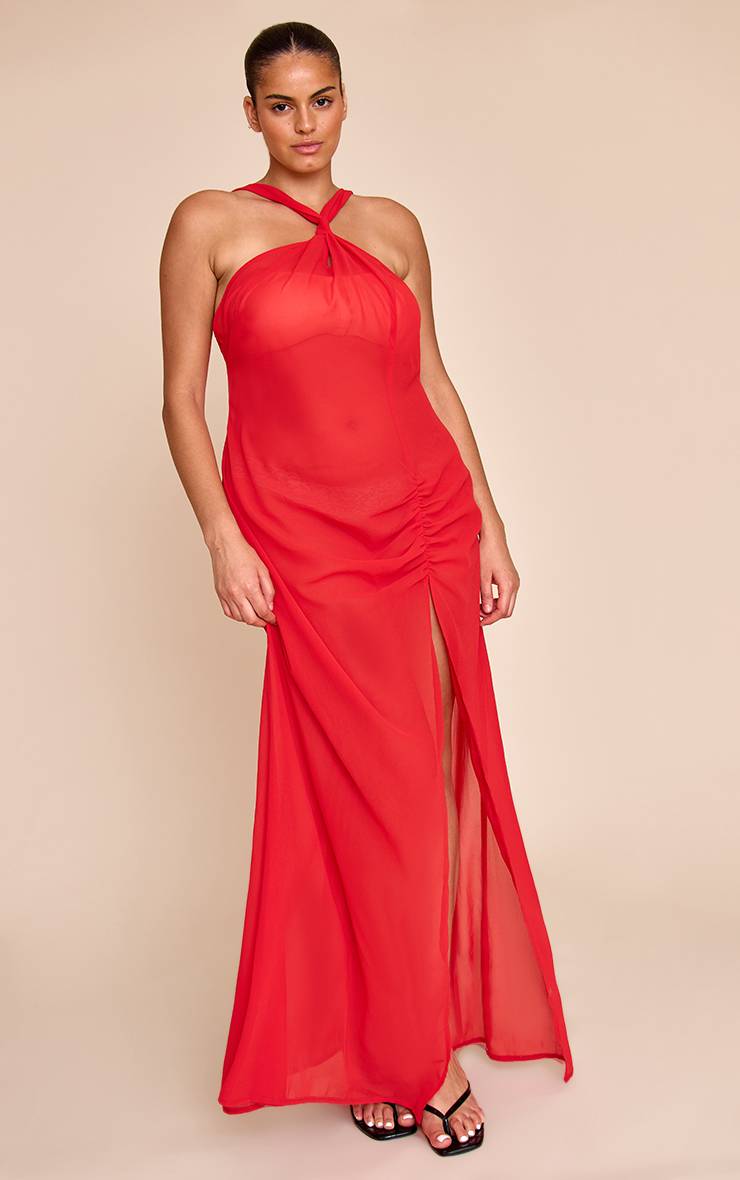 Rouge Robe De Plage Longue En Mousseline À Encolure Américaine Grande Taille