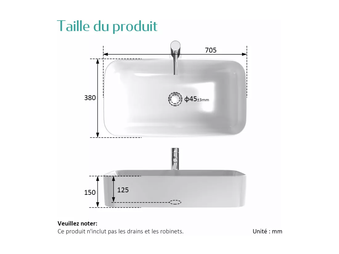 EMKE Vasque à poser céramique 70,5×38×15cm, Lavabo salle de bain rectangulaire, Lavabo en céramique blanc brillant