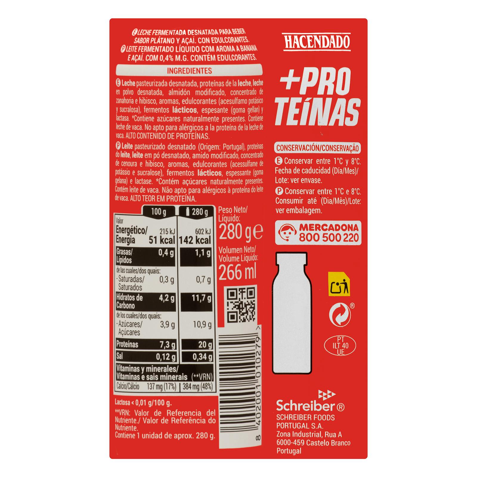 Boisson au lait écrémé Hacendado + Protéines Saveur Açaï Banane 0% mg 20 g Protéines