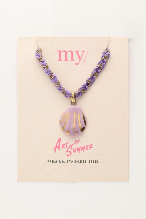Art lila gevlochten koord ketting met schelp