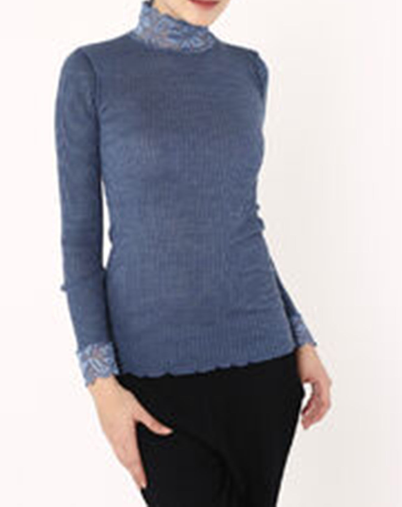 Mare Top manches longues col rond dentelle Laine plissée bleu marine