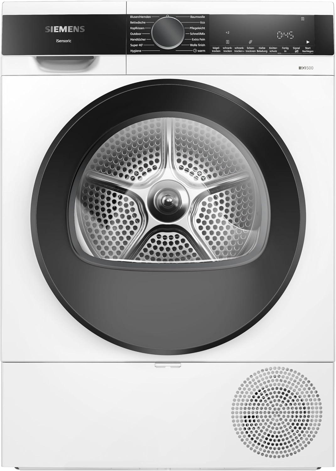 Siemens WQ33G2D41 iQ500, Wärmepumpentrockner 9 kg, schneller Trocknen mit speedPack, autoDry - schonende Trocknung, Halbe Beladung, Knitterschutz, Beladungsempfehlung, LED-Display, Weiß
