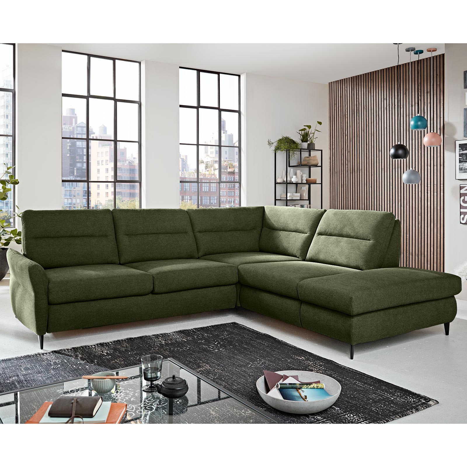 Ecksofa - moos - Microchenille - Anstellhocker rechts