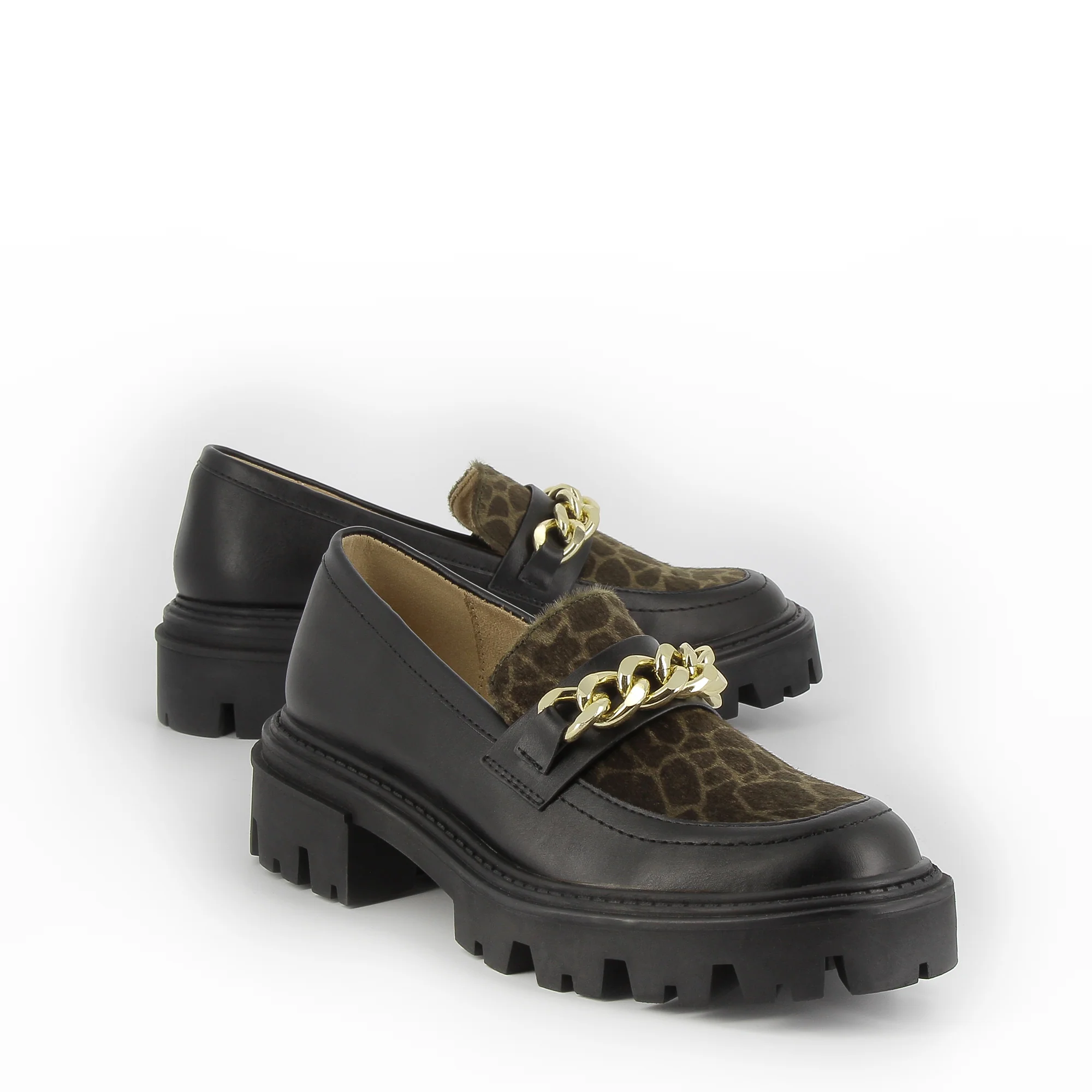 Mocassins, Derbies, Ballerines-Mocassins Simone noir et kaki à semelle crantée