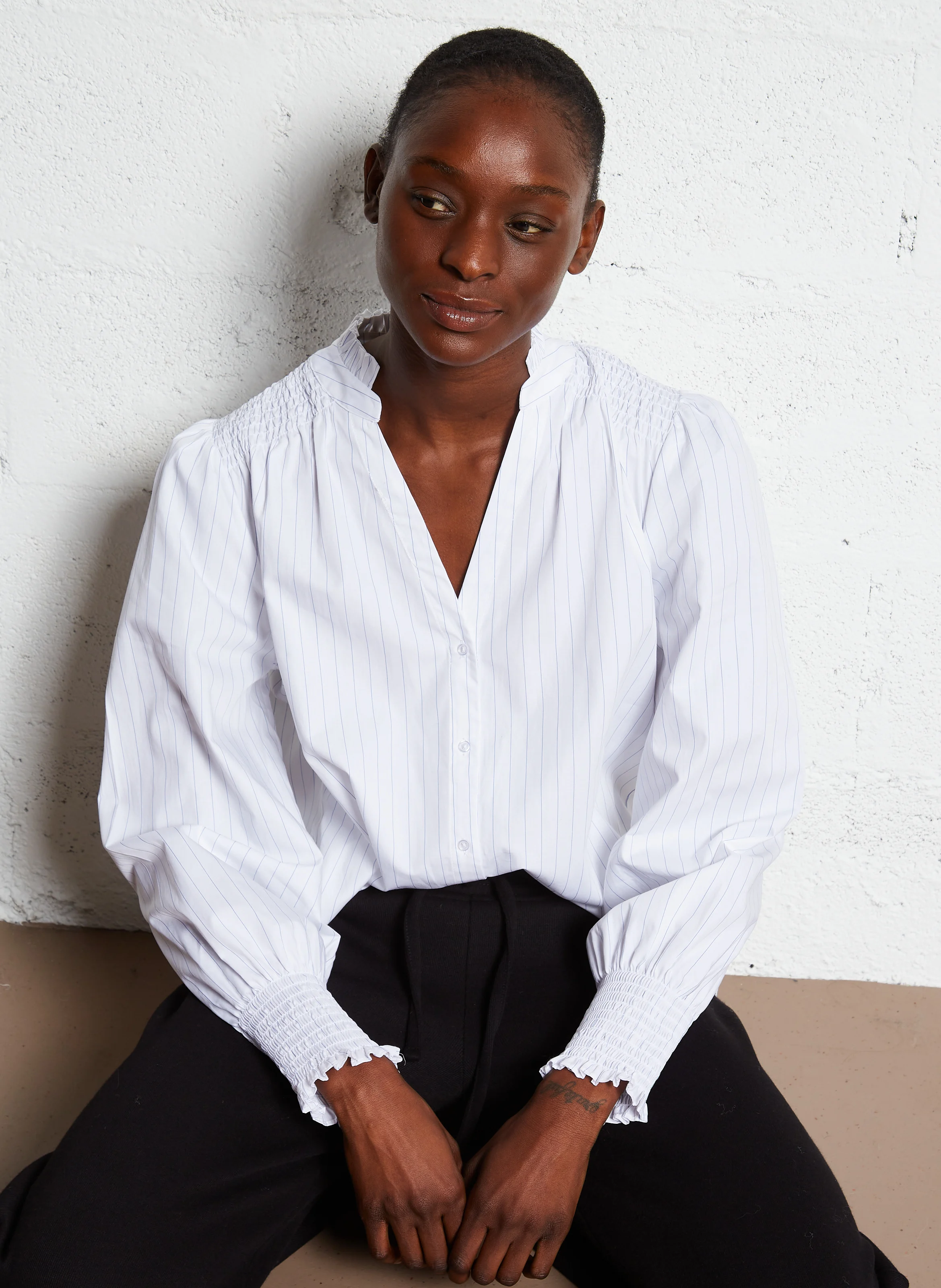 CELOUANE - Chemise droite en coton rayé | Blanc