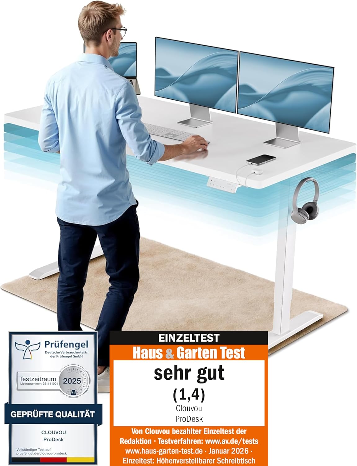 ProDesk Höhenverstellbarer Schreibtisch 140x70 Elektrische Smart Steuerung, Memory Funktion, Kabelmanagement | Stufenlose Höhenverstellung 72-120cm (Metall Weiß/Holz Weiß)