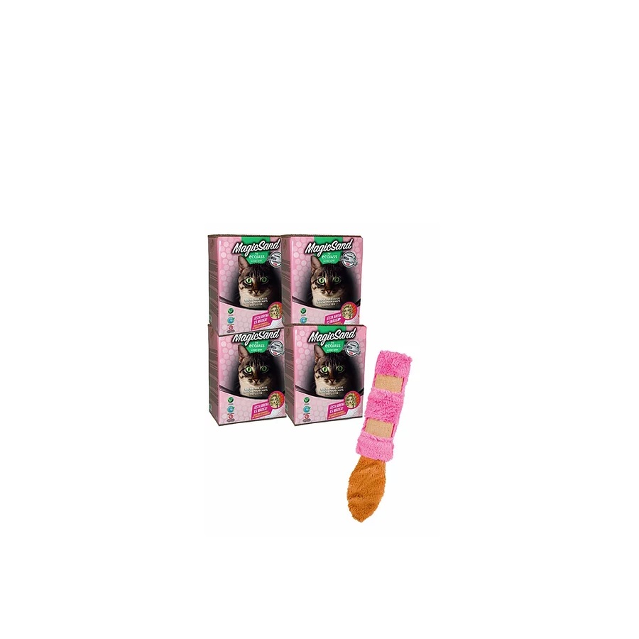 Pacote com 4 caixas de areia antiaglomerantes e brinquedo de pelúcia com aroma de talco.