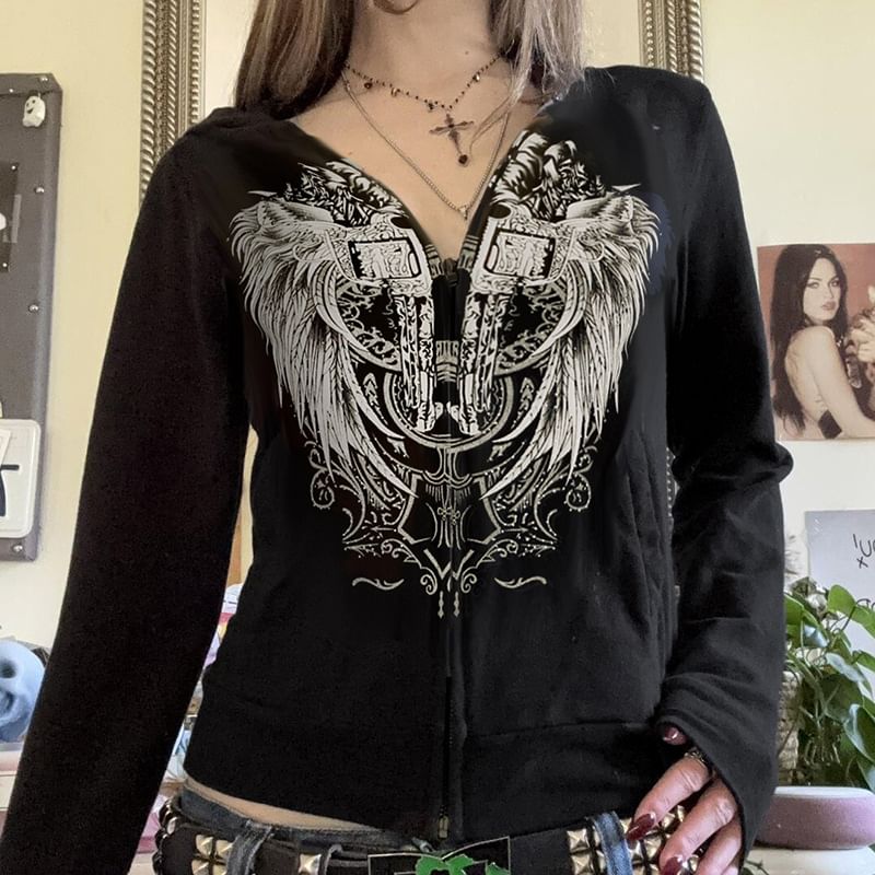 BrickBlack - Cropped hoodie met rits en vleugelprint