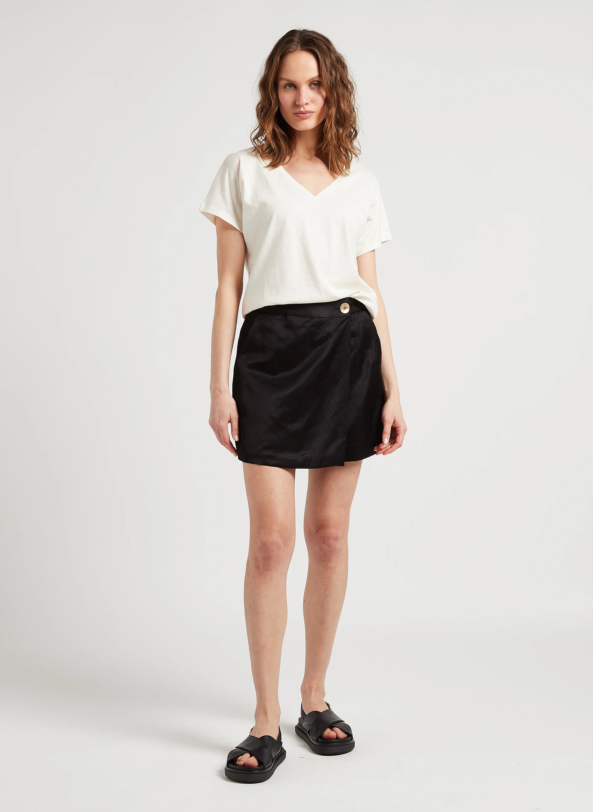 T-shirt col V ample en lin mélangé | Blanc
