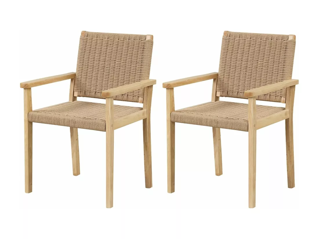 Ensemble de 2 Chaises de Jardin avec Cadre en Bois Massif, Chaises de Salle à Manger pour Patio avec Siège en Corde Tressée, Chaises d'Extérieur pour Balcon, Porche, Salon