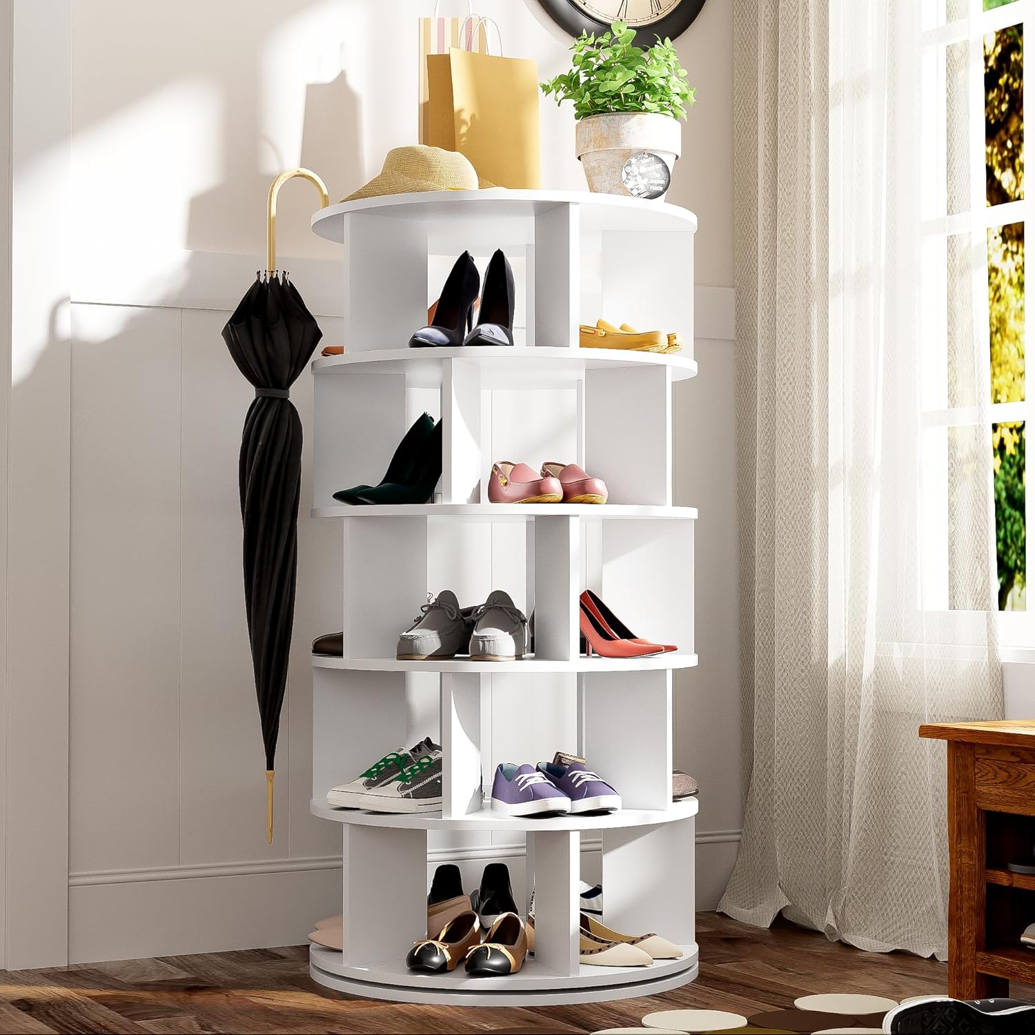 Moimhear Schuhregal, drehbarer Winkel, weiß rund, 5 Ebenen, Höhe 115 cm, Breite 60 cm