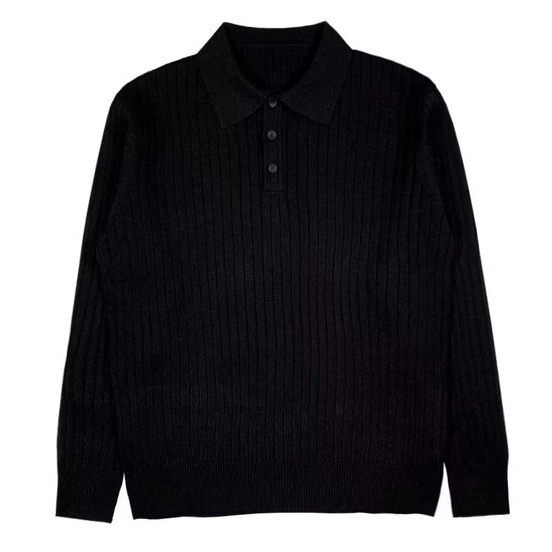 Lefitt - Poloshirt met lange mouwen en open knoopsluiting, effen gebreid