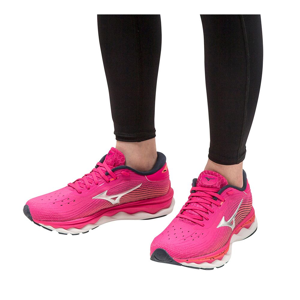 Mizuno WAVE SKY 5 - Chaussures running Femme ppeacock/silver/hotcoral