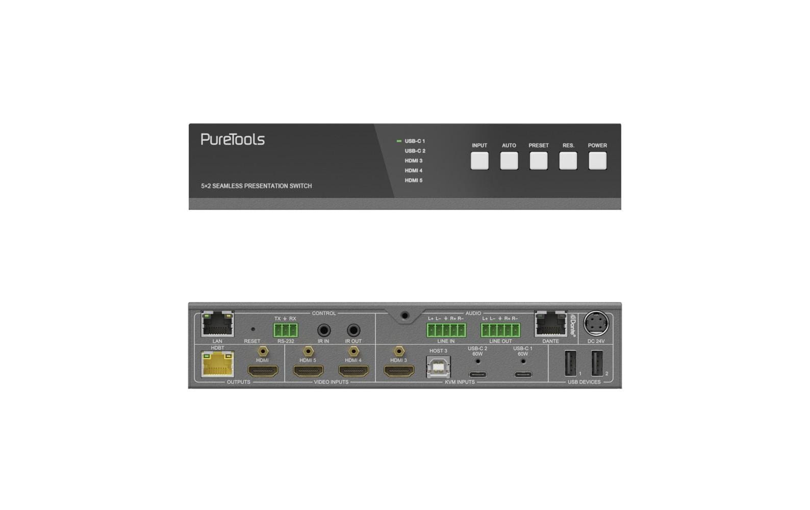 Transmitter PT-PSW-52KVM-TX 4K (60 Hz 4:4:4)<br>PureTools - 18 GBps USB-C KVM-Switcher mit Dante und Multiview, 4K (60 Hz 4:4:4) über USBC / HDMI+USB, inkl. Multiview und Dante