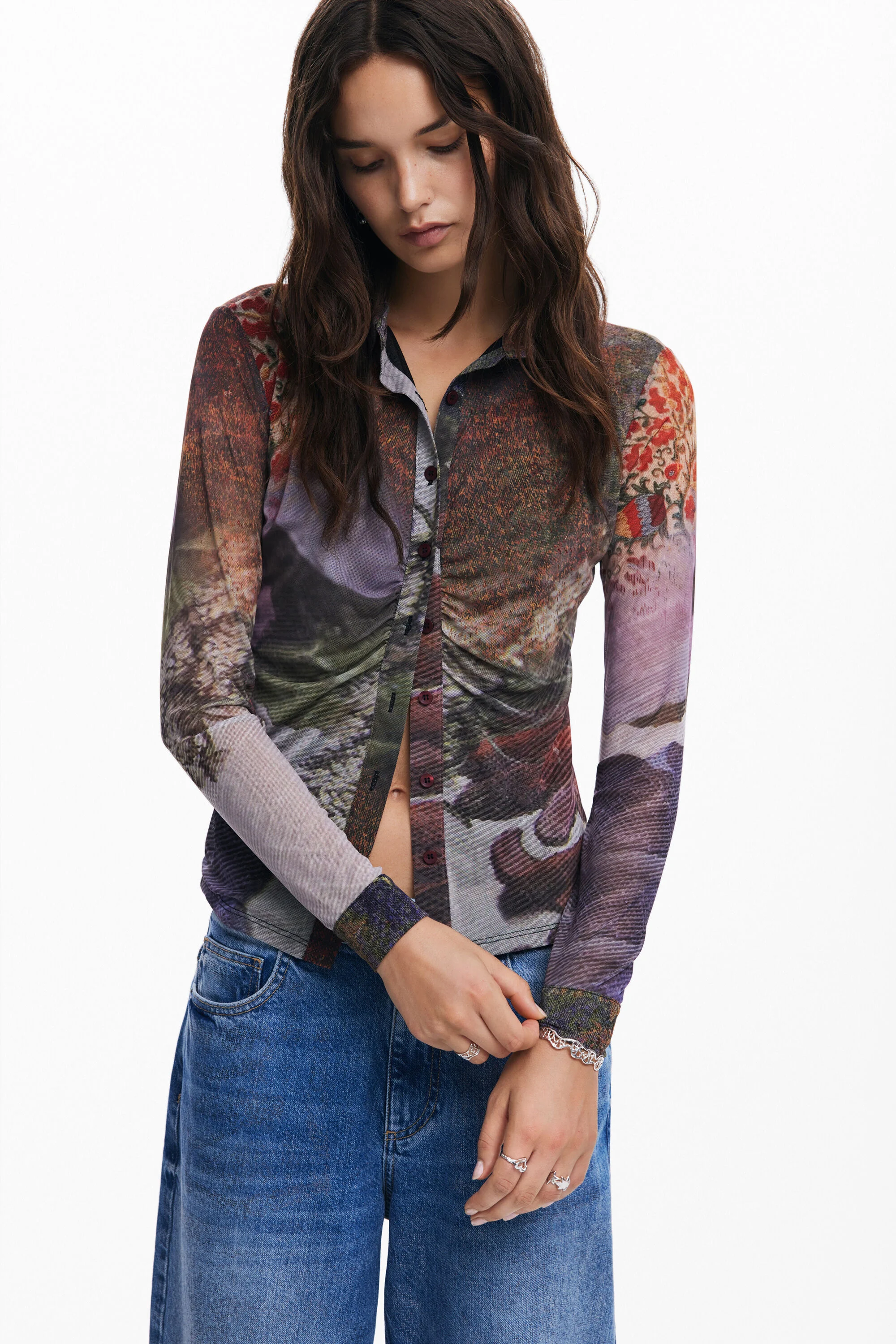 Camiseta de manga comprida com estampa de floresta outonal
