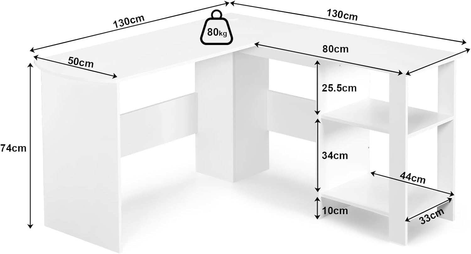 Sweetcrispy L-Form Schreibtisch mit Regal & Schrank, 130x130x74cm Eckschreibtisch, Starker Gaming Tisch mit Ablageflächen, Einfacher Montage, Weiß