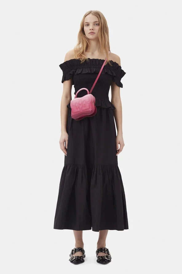 Ganni Cotton Poplin Maxi Flounce Skirt Black
