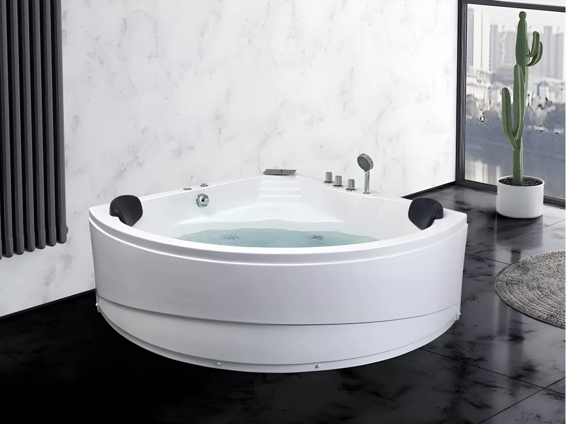 Baignoire balnéo d'angle avec système de cascade AGLENA - 2 places - 350L - 150*150*60 cm