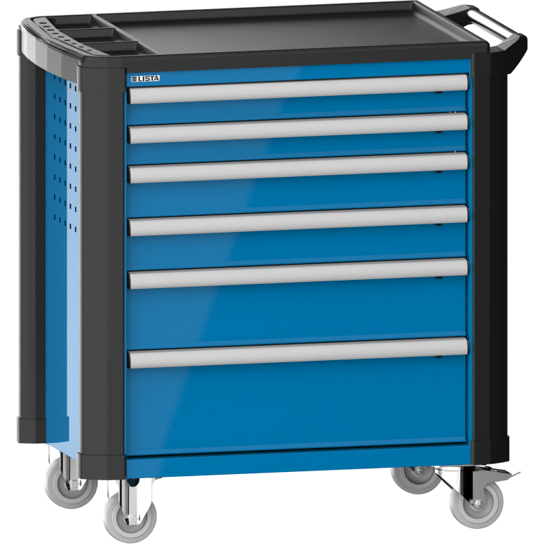 LISTA - Chariot d'atelier H 94,5 x L 83,3 x P 52,5, revêtement plastique antidérapant, protection des coins, 6 tiroirs