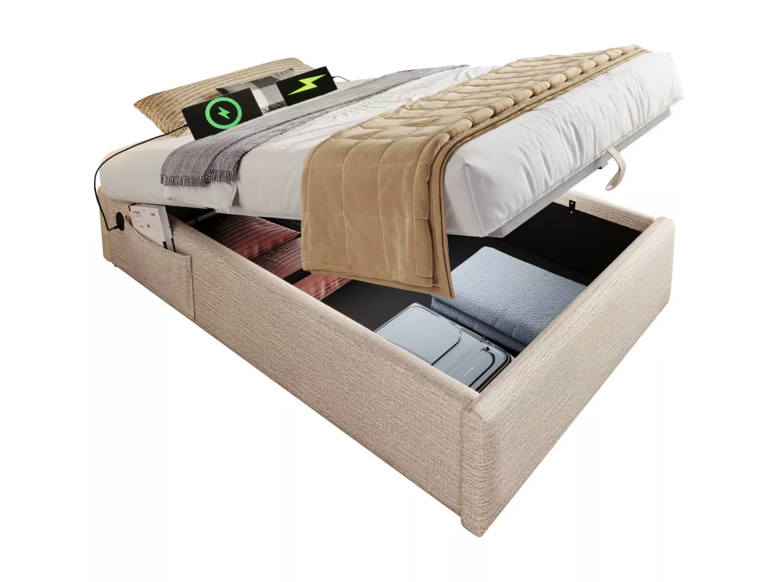 Lit coffre 90 x 200 cm sans tête de lit - 2 poches latérales et prises USB + Type-C - Tissu en lin - Beige (sans matelas)