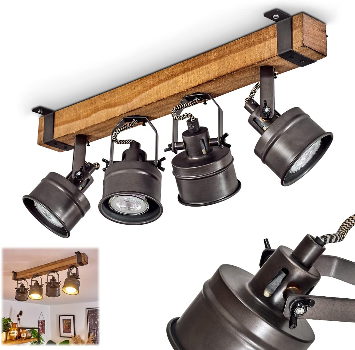 Deckenleuchte Pehefito, Deckenlampe im Vintage-Design aus Metall/Holz in Schwarz/Braun, Retro-Leuchte mit Holzbalken und verstellbaren Strahlern, 4-flammig, 4 x GU10-Fassung, ohne Leuchtmittel