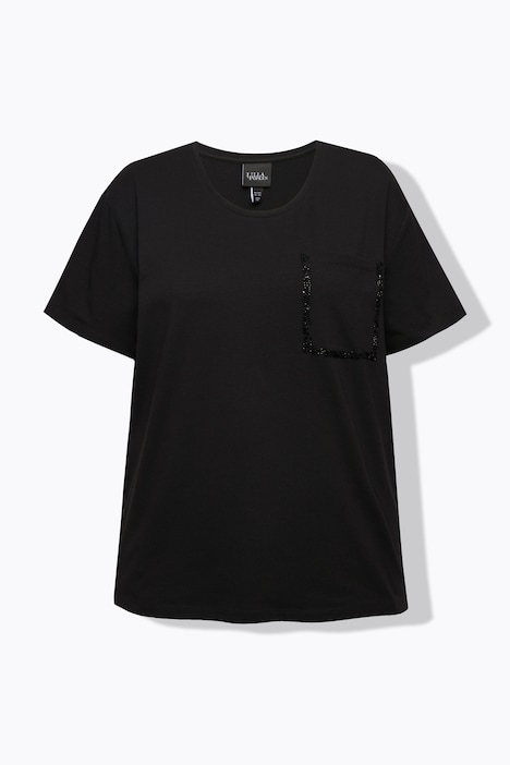 T-Shirt, Brusttasche, Perlen, Oversized, Rundhals, Halbarm