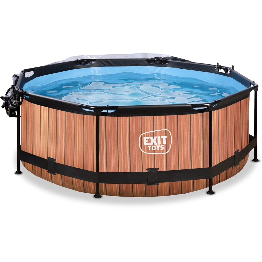 EXIT Frame Pool ø244x76cm (12v Kartusche Filterpumpe) – Holzoptik & Sonnendach