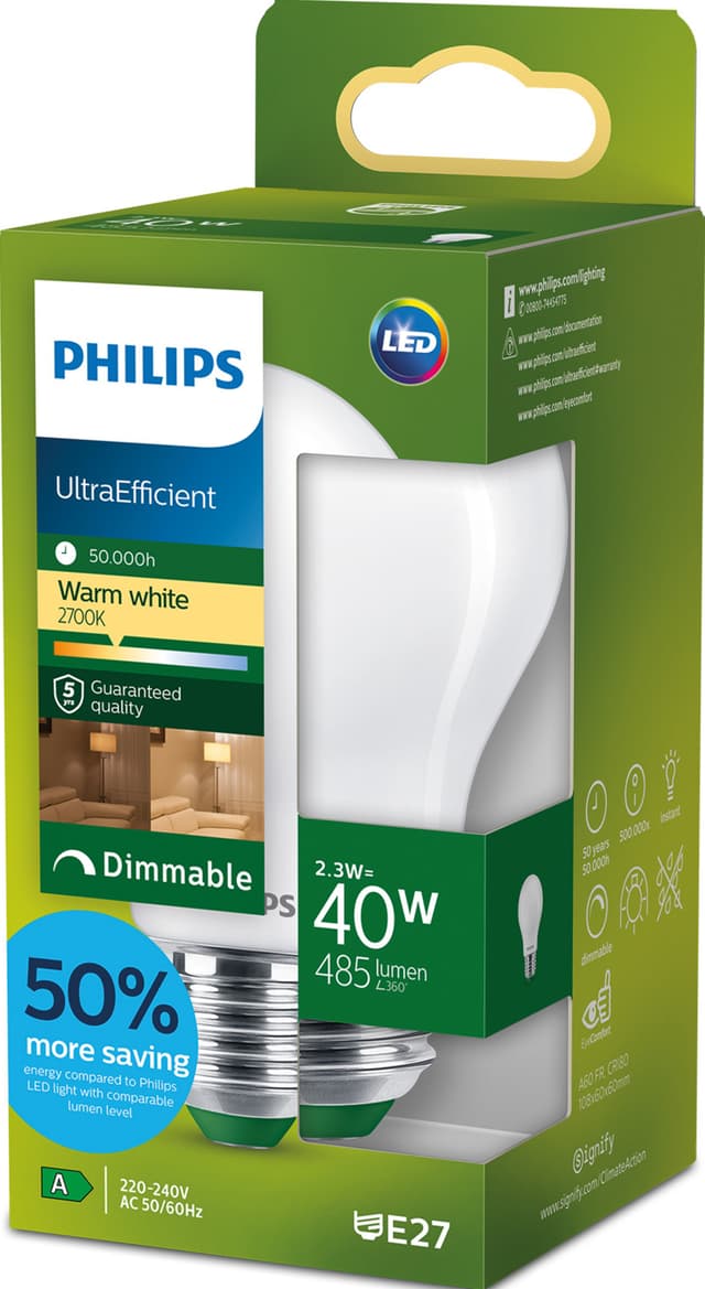 Philips Ultra Efficient A60 LED-pære 2,3W E27