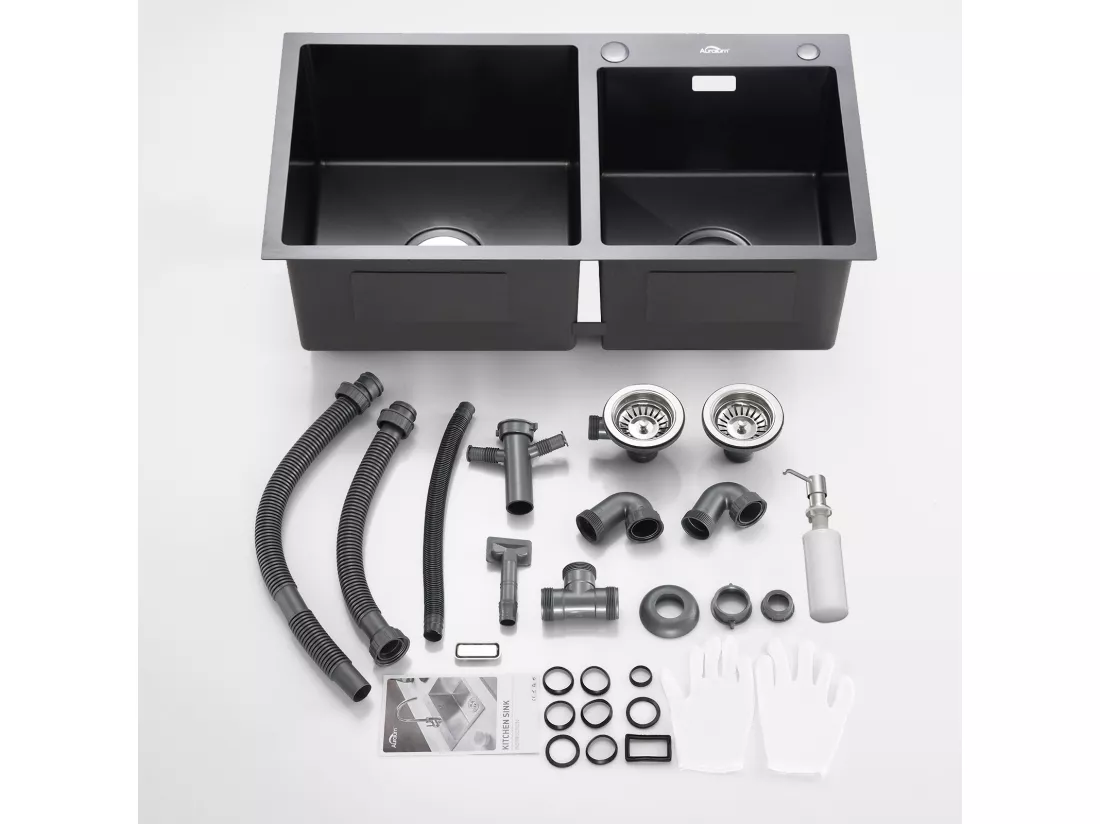 Evier de Cuisine en Inox Évier Double Bac avec 2 Trous de Montage Evier de Cuisine Kit avec Distributeur Savon/ Siphon, 75x45x19cm,Noir