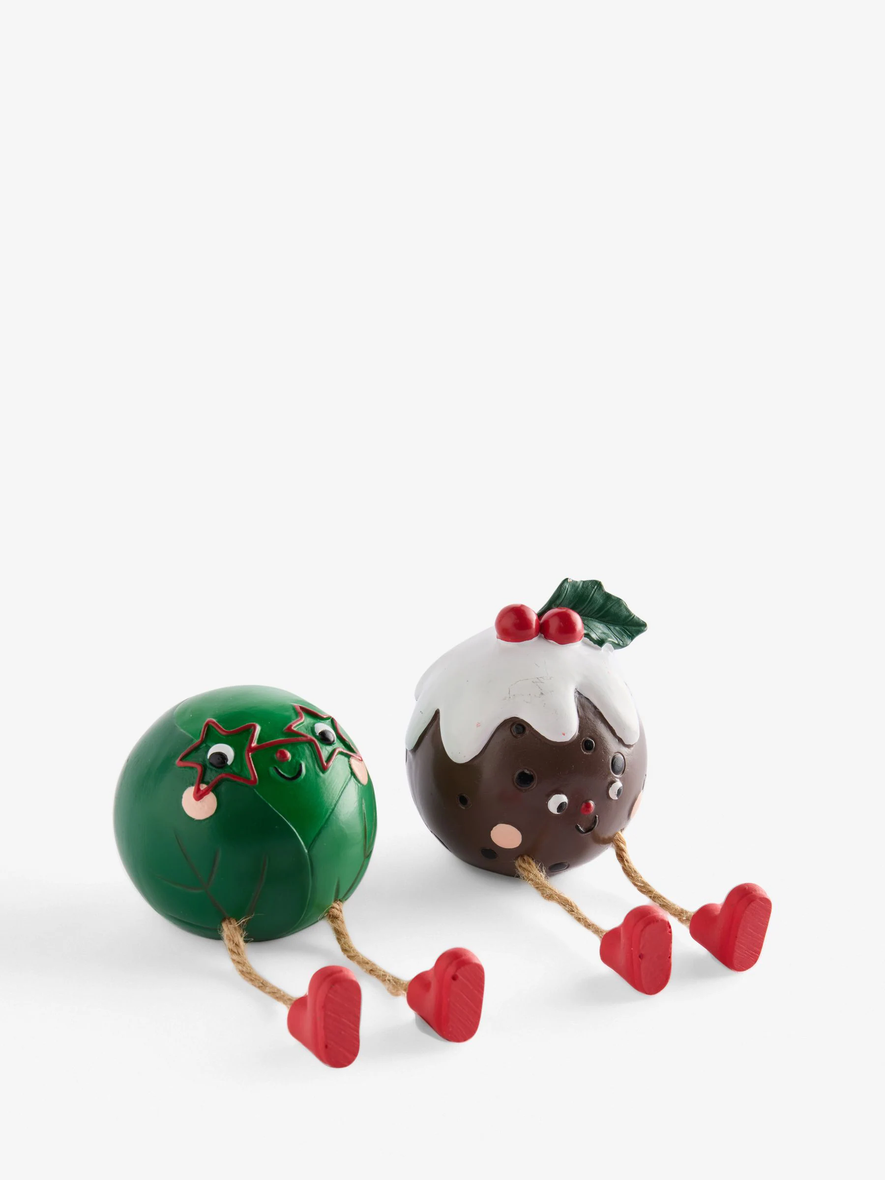 Set van 2 Sprout- en Pudding-Kerstmis Ornamenten met bungelende pootjes