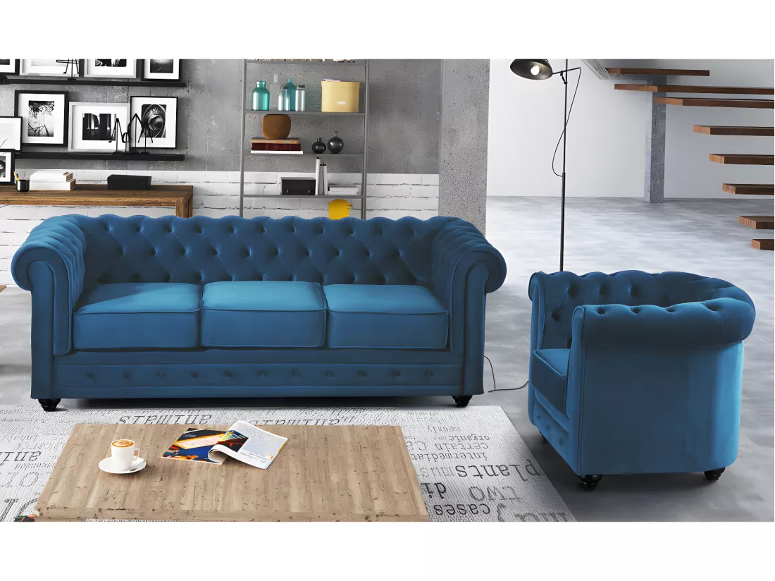 Canapé 3 places et fauteuil CHESTERFIELD - Velours bleu canard