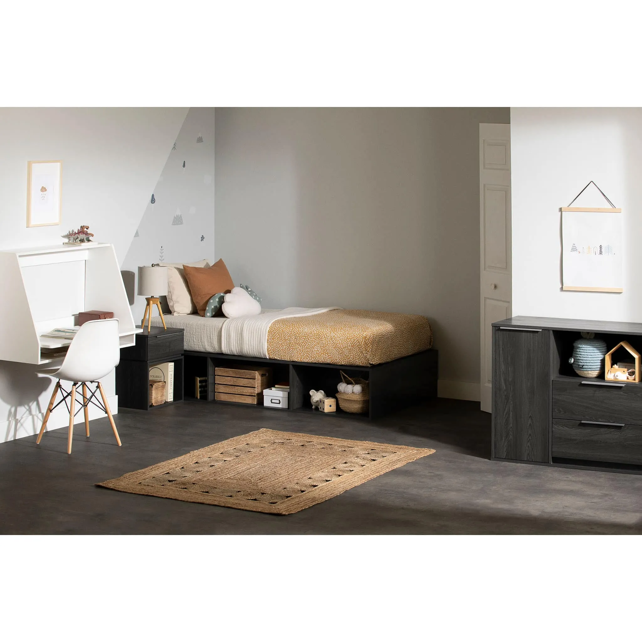 South Shore Lit Simple plateforme avec rangement ouvert - Hourra Chêne gris