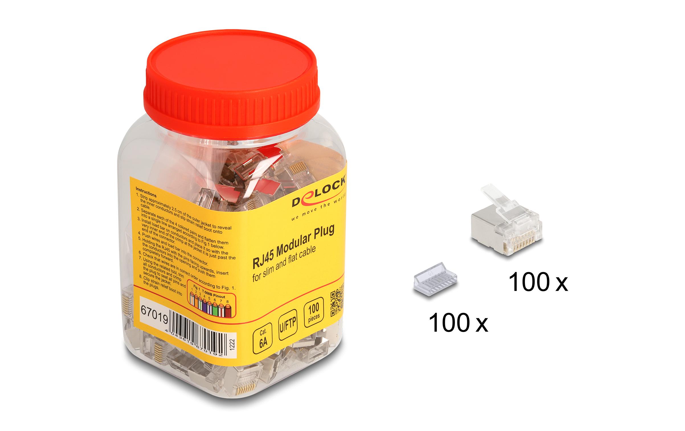 Stecker RJ45, Cat.6A 100 Stück, TransparentDelock RJ45 Modularer Stecker Cat.6A für Slim und Flachbandkabel 100er Set