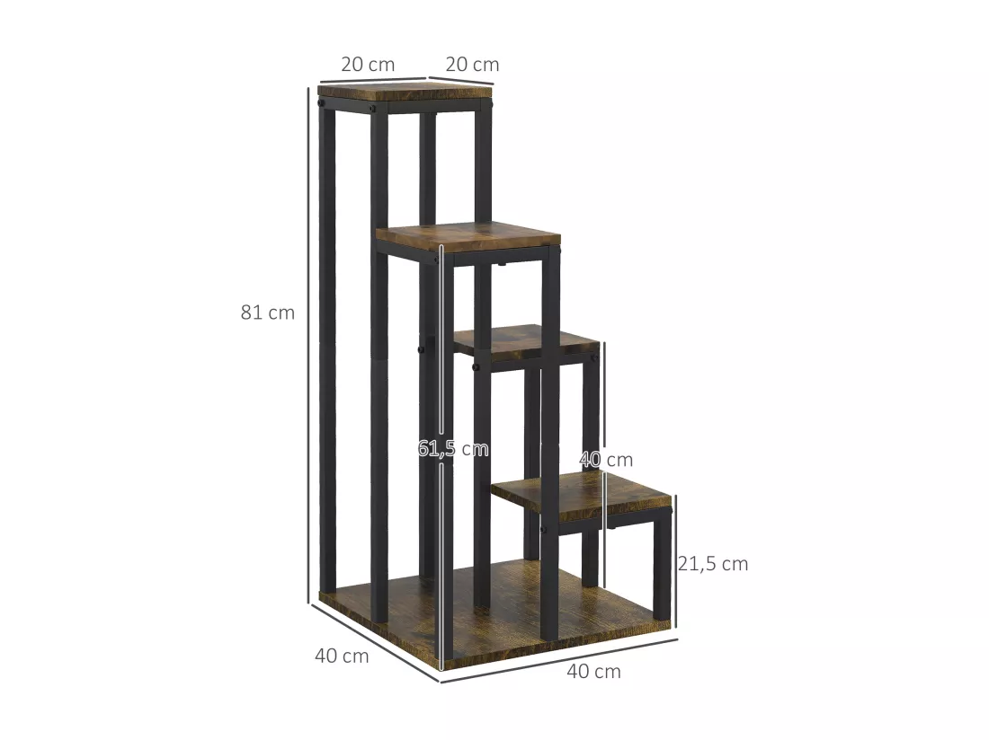 Support à fleurs style industriel 5 niveaux - porte plante 4 étagères - acier époxy noir aspect bois foncé