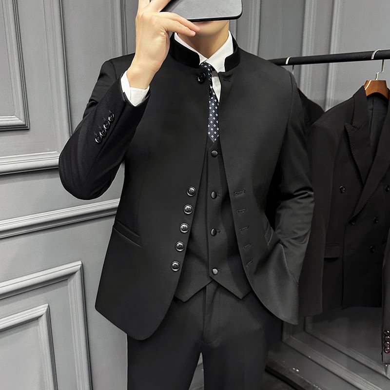 Bay Go Mall - Set: Blazer met bandkraag en enkele rij knopen + effen vest + pantalon met middelhoge taille