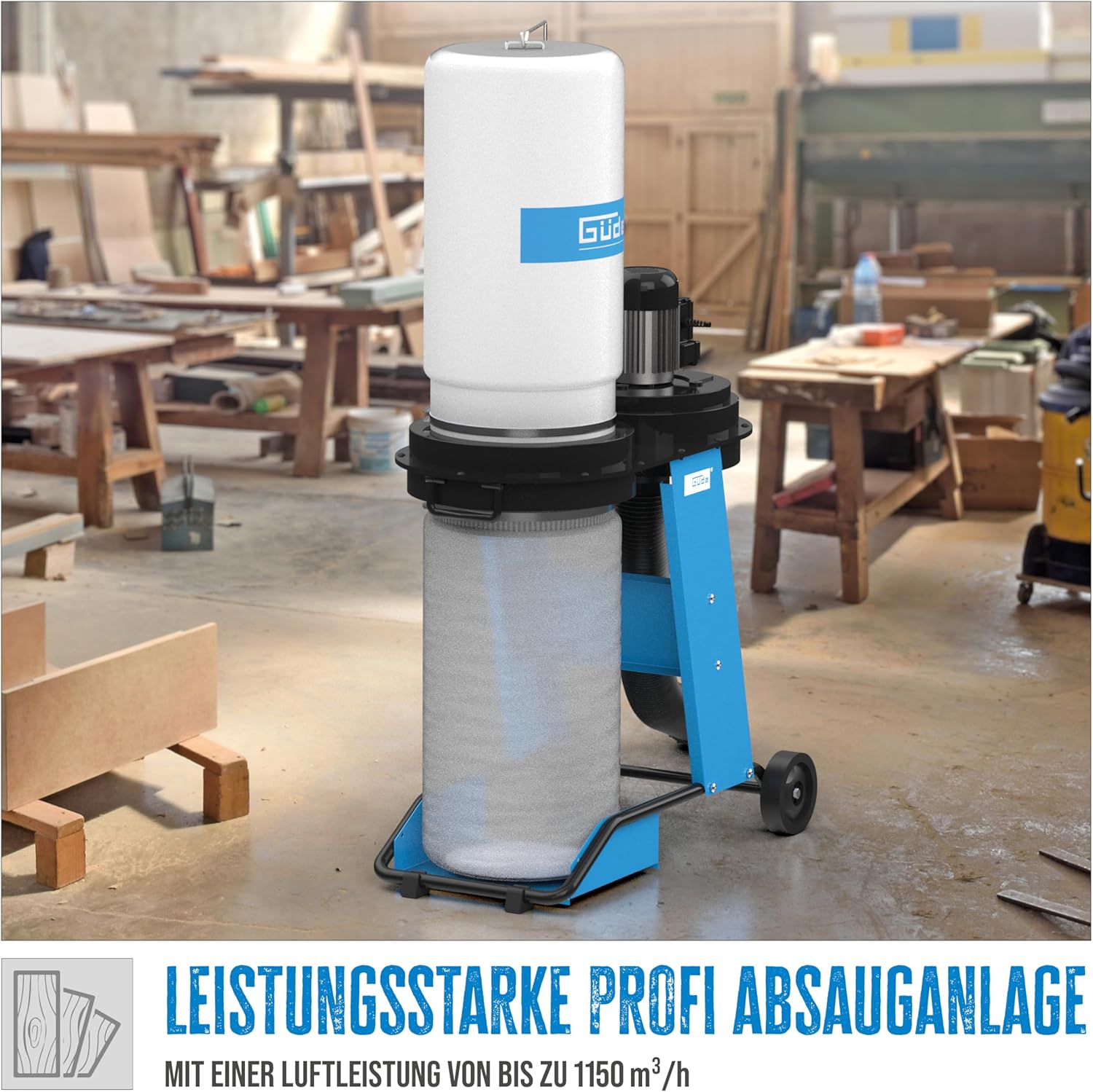 Güde Absauganlage GAA 65.1 (550 W, Luftleistung 1150 m³/h, Unterdruck 1145 pa, fahrbar, Saugschlauch 2 m, Absauganschluss Ø 100 mm, Behältervolumen 65 l, inkl. 4-tlg. Adapter-Set)
