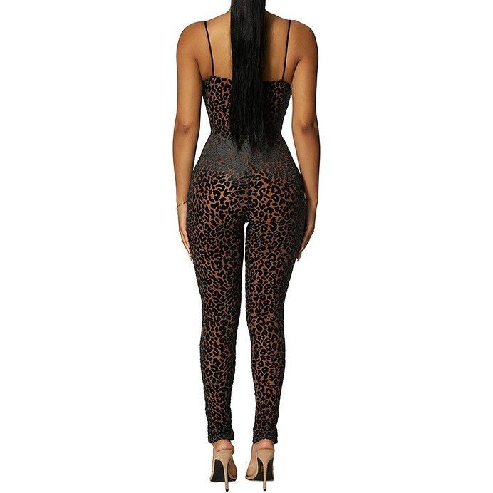 Oonnukal - Getailleerde jumpsuit met spaghettibandjes en luipaardprint van mesh