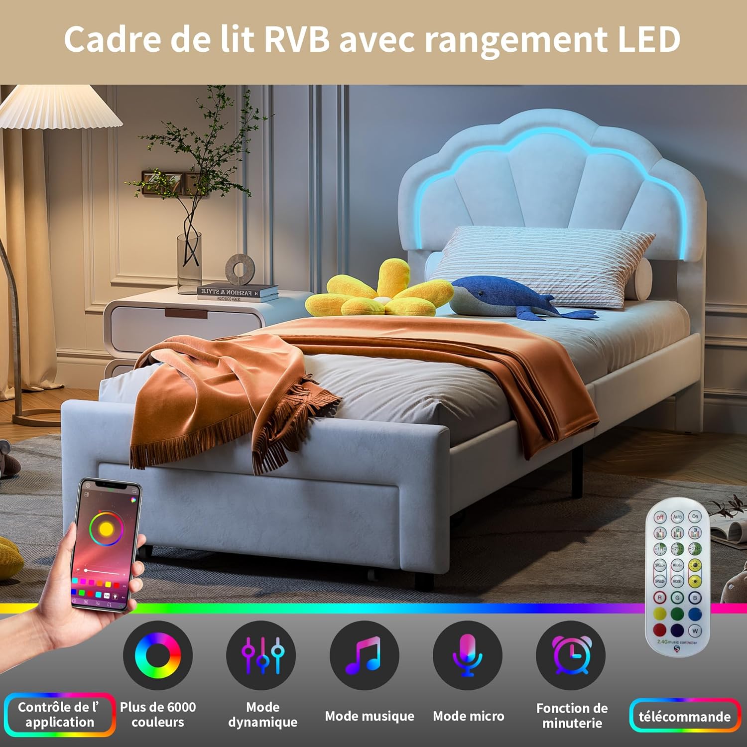 Einzelbett Kinderbett 90x200cm, Polsterbett mit LED-Beleuchtung & Schubladen, Prinzessinnenbett Mädchenbett mit Blumenkopfteil, Samtstoff, Weiß,Ohne Matratze(Beige-Blumen+LED)