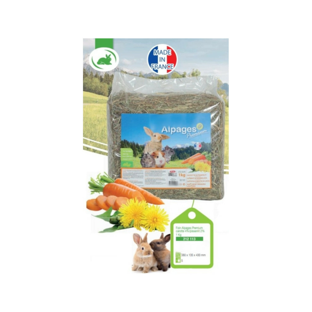 Foin alpage, carotte et pissenlit, 1 kg, pour rongeur.