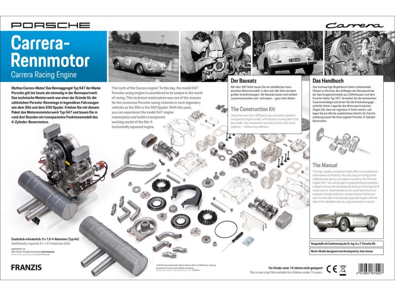 Franzis Bausatz Porsche Carrera-Rennmotor Typ 547 1:3, DE/E Funktionsmodell des Vierzylinder-Boxermotor aus dem Jahr 1953