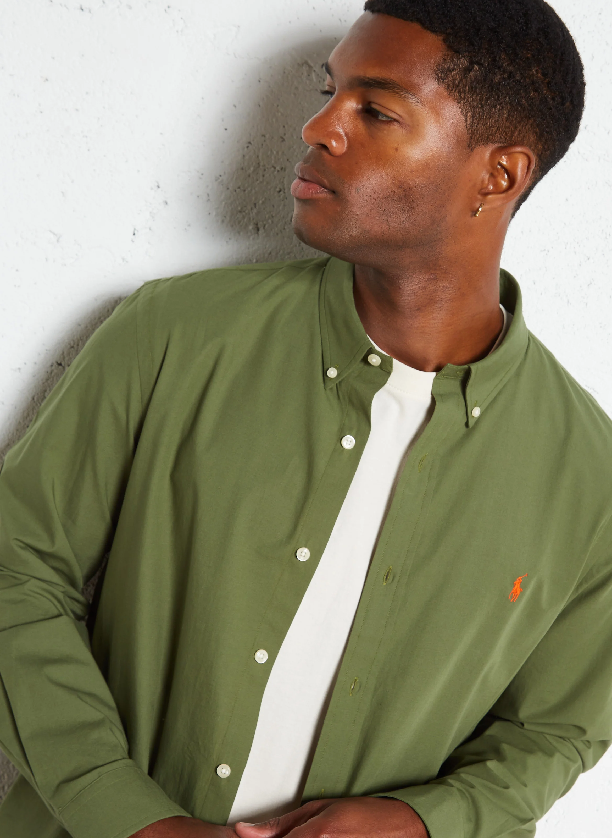 Chemise col américain en coton mélangé | Vert
