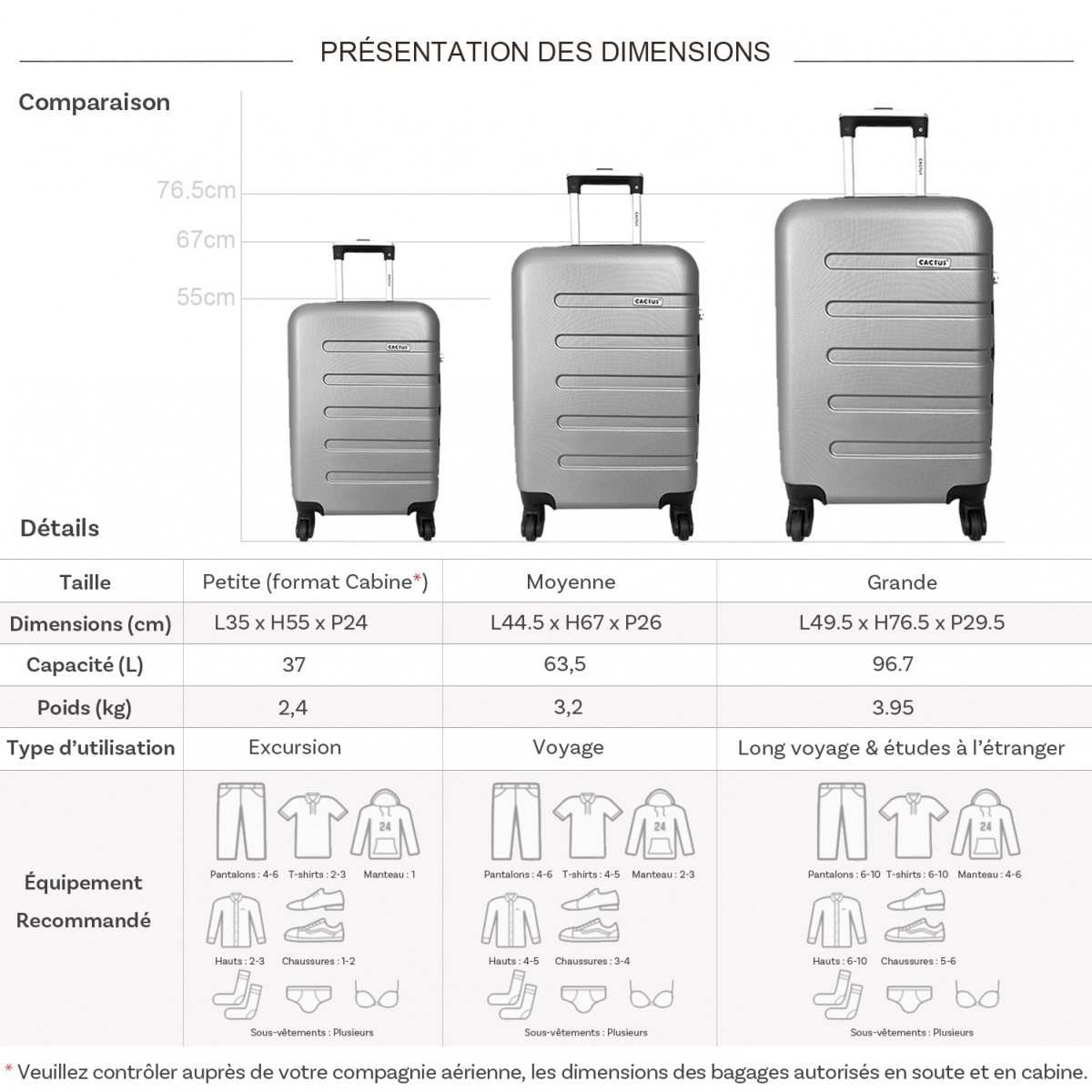 Cactus Lot 3 valises dont 1 valise cabine rigides Cactus ABS