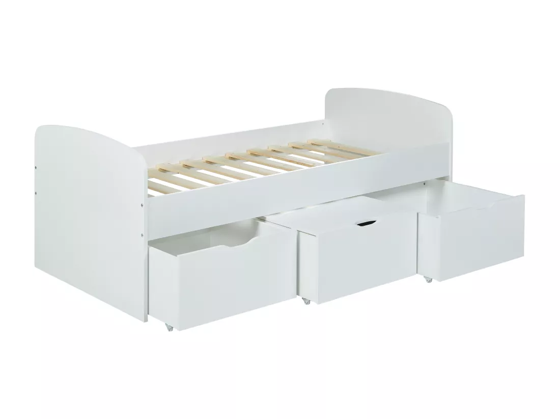 Lit LOUANE avec 2 tiroirs et 1 coffre de rangement - 90 x 190 cm - Blanc + Matelas