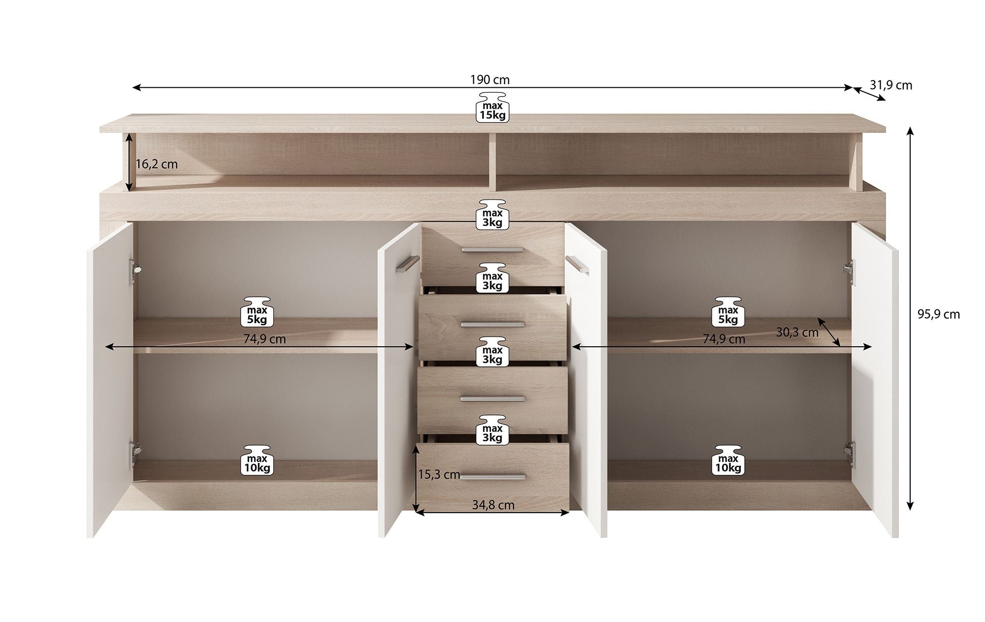 Lavina - Dressoir - Grijs/old wood - 190x32x96 cm