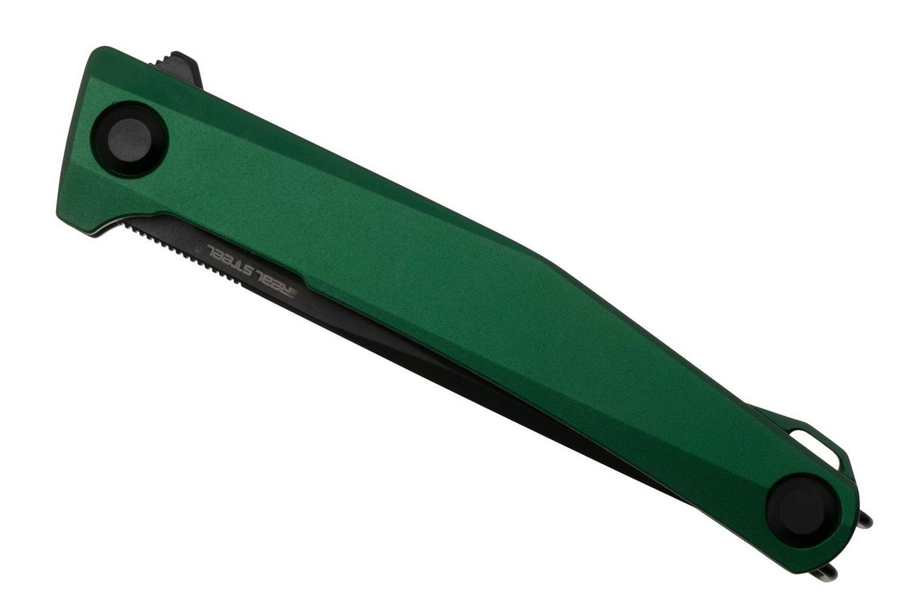 Real Steel Teres Flipper 7111GB Nitro-V Black PVD, Green Aluminum, zakmes, Poltergeist design